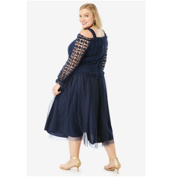 Roaman's Lace Overlay Cold Shoulder Midi Dress - Picture 3 of 6